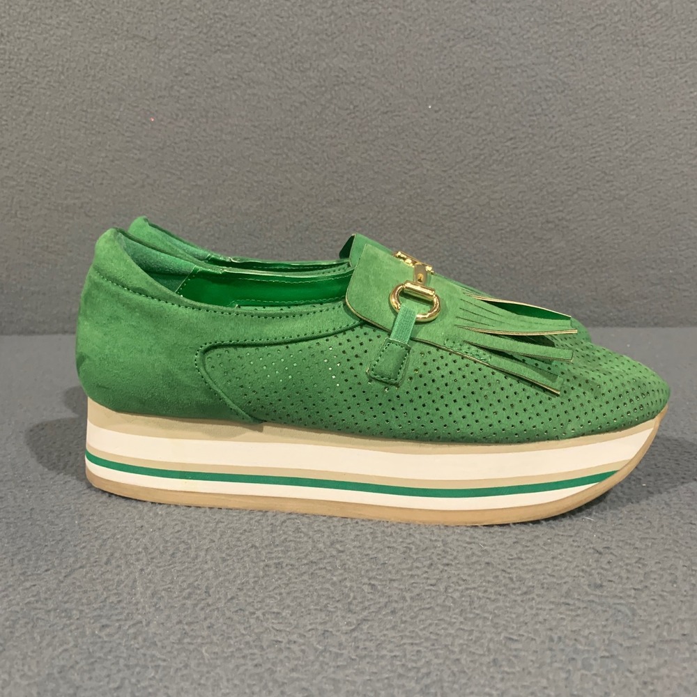 Crown & Ivy Bosco Loafers Women 8.5 Green Platform Kiltie Fringe Horsebit Shoes